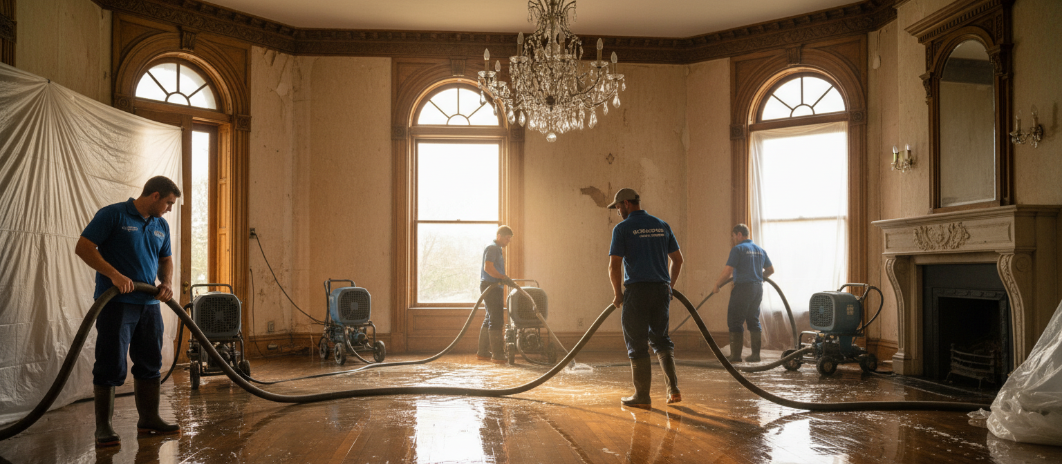 Professional water damage restoration team working in a Savannah GA home